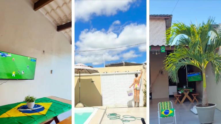 Ideias de decoração para deck no clima de copa com pintura, vaso e iluminação