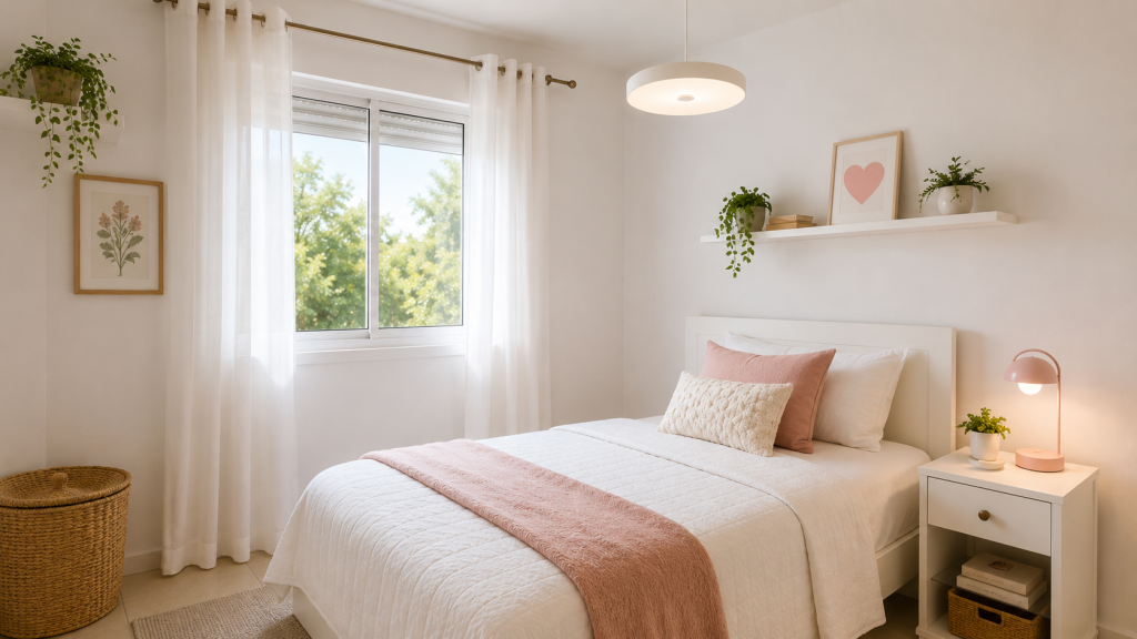 Antes e depois de quarto pequeno reformado gastando pouco com pintura branca, luminária pendente e abajur decorativo