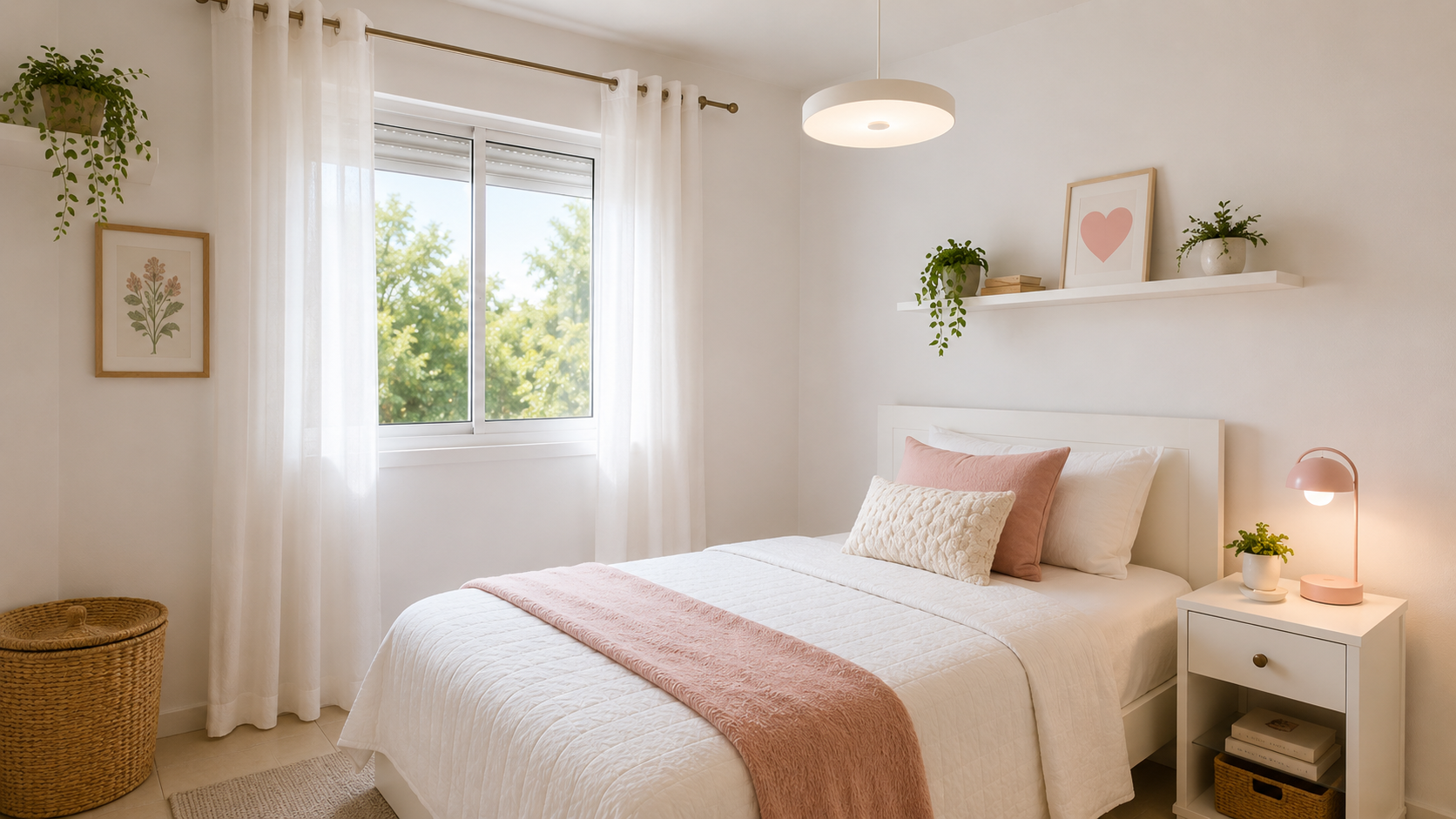 Antes e depois de quarto pequeno reformado gastando pouco com pintura branca, luminária pendente e abajur decorativo