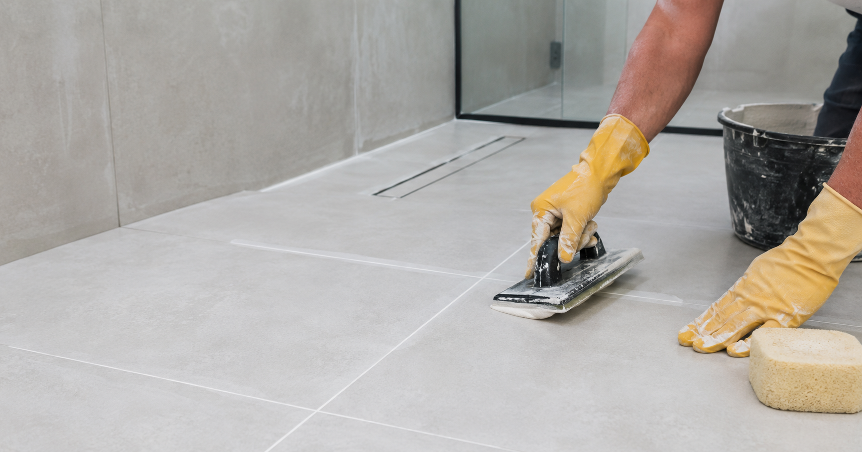 Profissional aplicando rejunte em piso de porcelanato no banheiro.