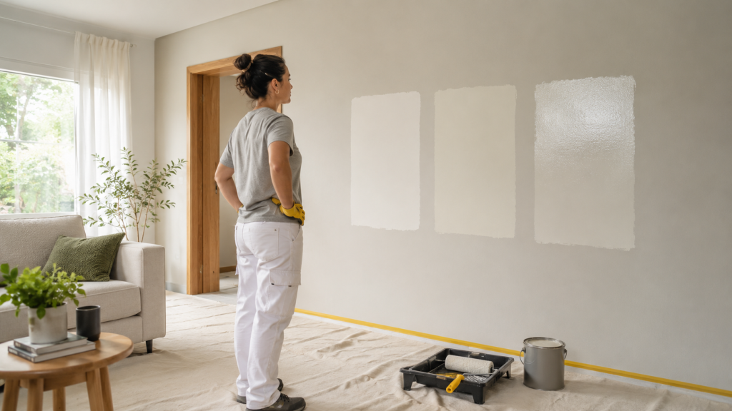 Profissional compara tinta fosca, acetinada ou semibrilho em parede de sala