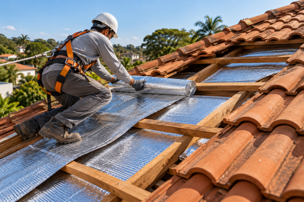Profissional instalando manta térmica aluminizada em telhado com telhas cerâmicas