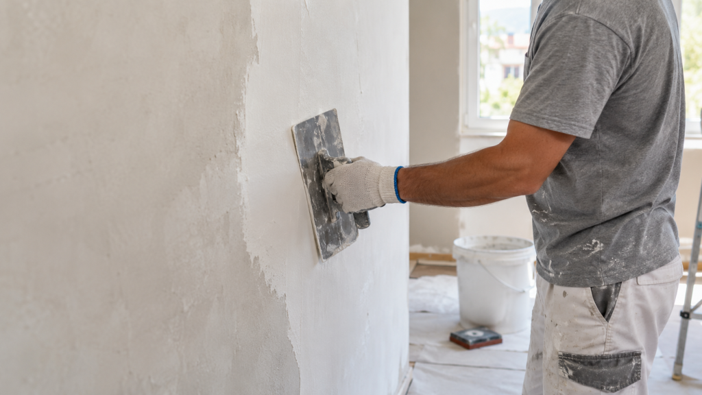 Profissional aplicando massa em parede antes da pintura