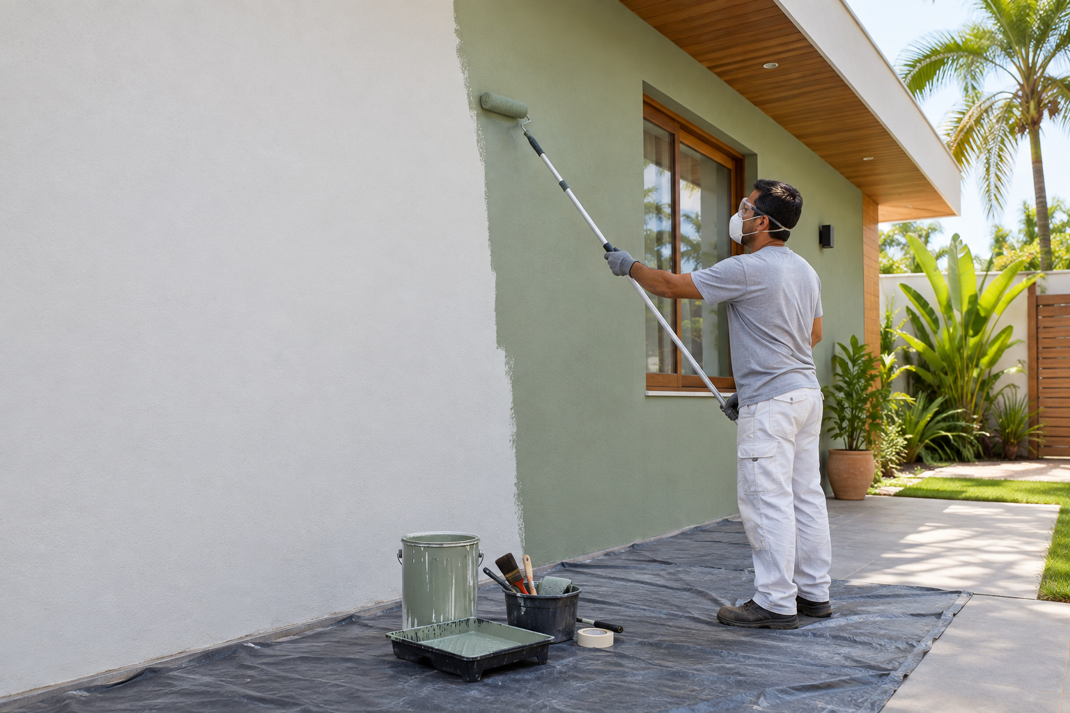 Pintor aplicando tinta para área externa em fachada residencial Título da mídia: Como aplicar tinta para área externa