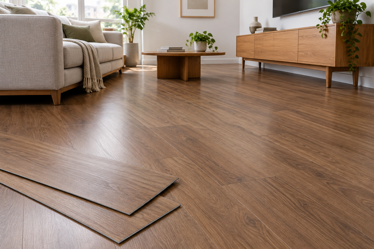 Sala com piso vinílico amadeirado Biancogres Vita Trevi disponível na Acal.