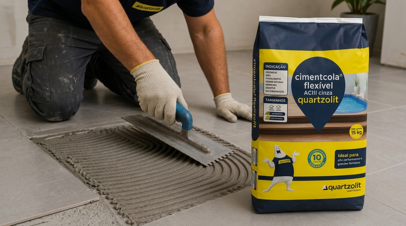 Profissional aplicando argamassa colante cinza com desempenadeira dentada ao lado do saco de argamassa Cimentcola flexível ACIII Quartzolit.