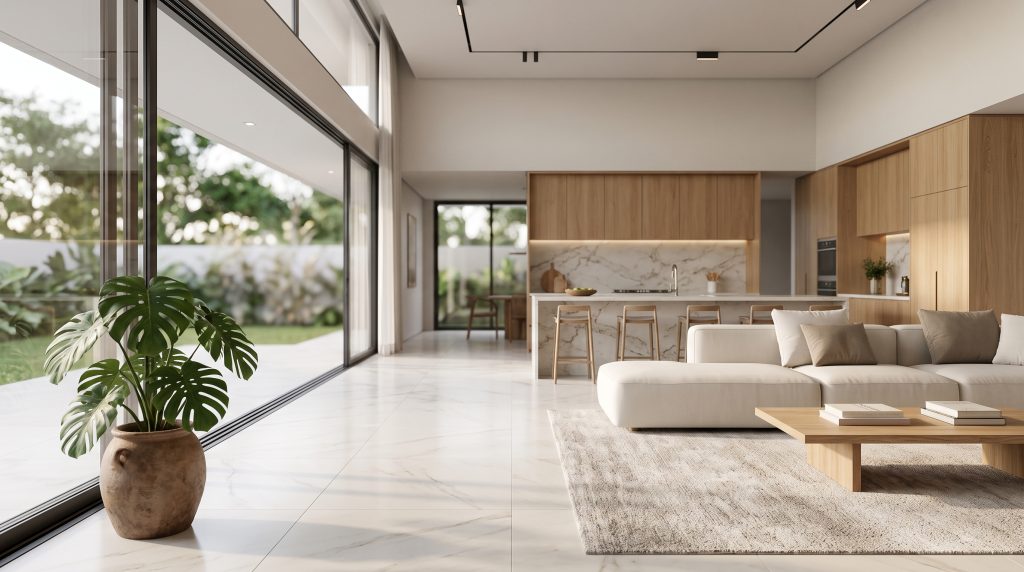 Sala de estar moderna integrada à cozinha com piso de porcelanato acetinado em grande formato e iluminação natural.