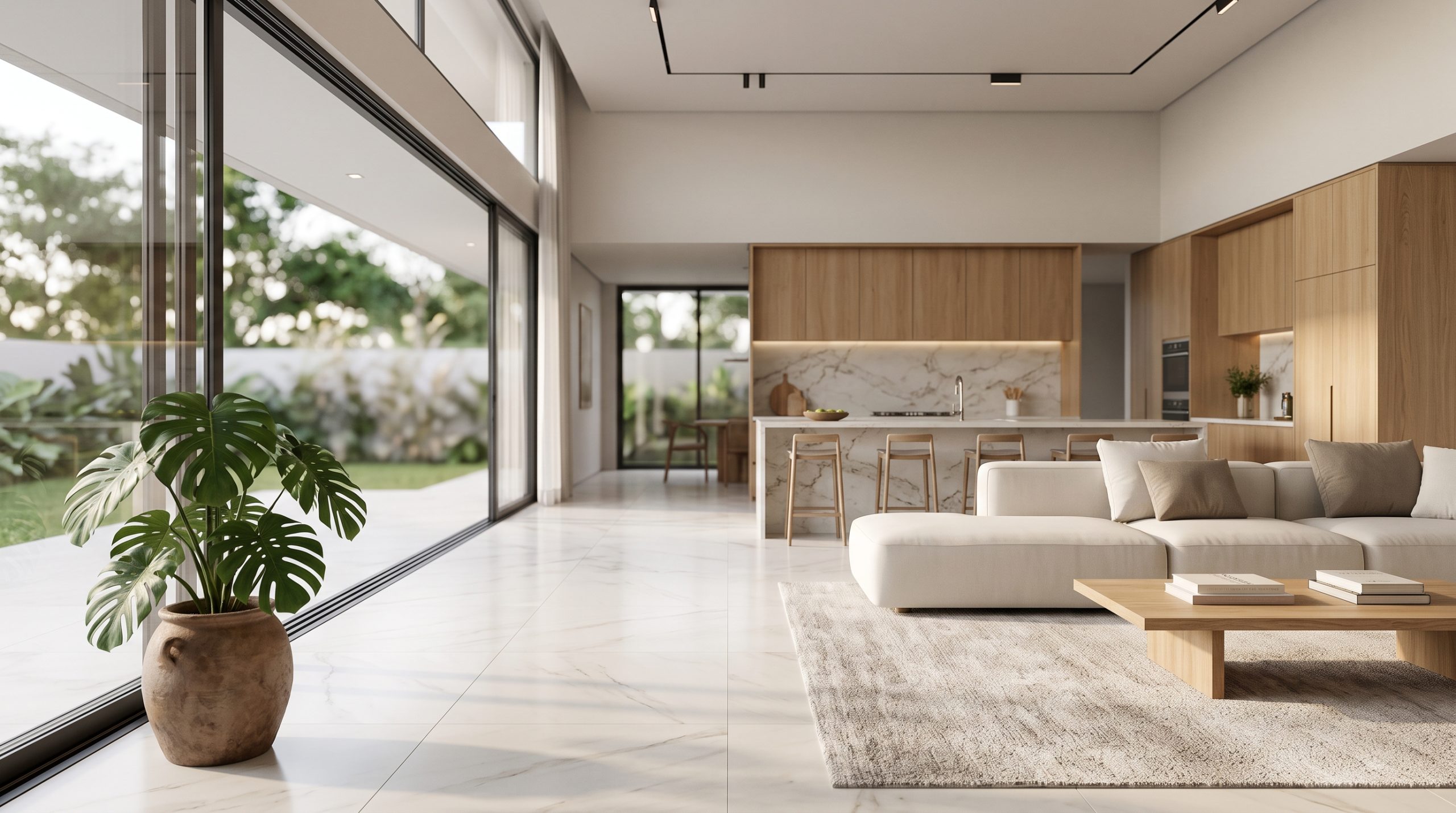 Sala de estar moderna integrada à cozinha com piso de porcelanato acetinado em grande formato e iluminação natural.