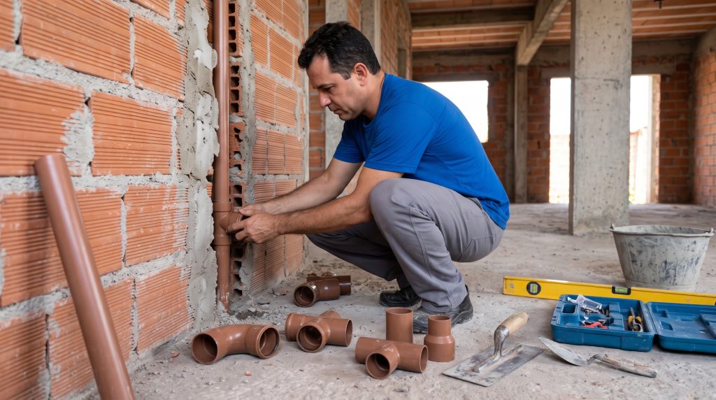 Profissional instalando tubos e conexões de PVC em parede de tijolos durante obra de reforma.