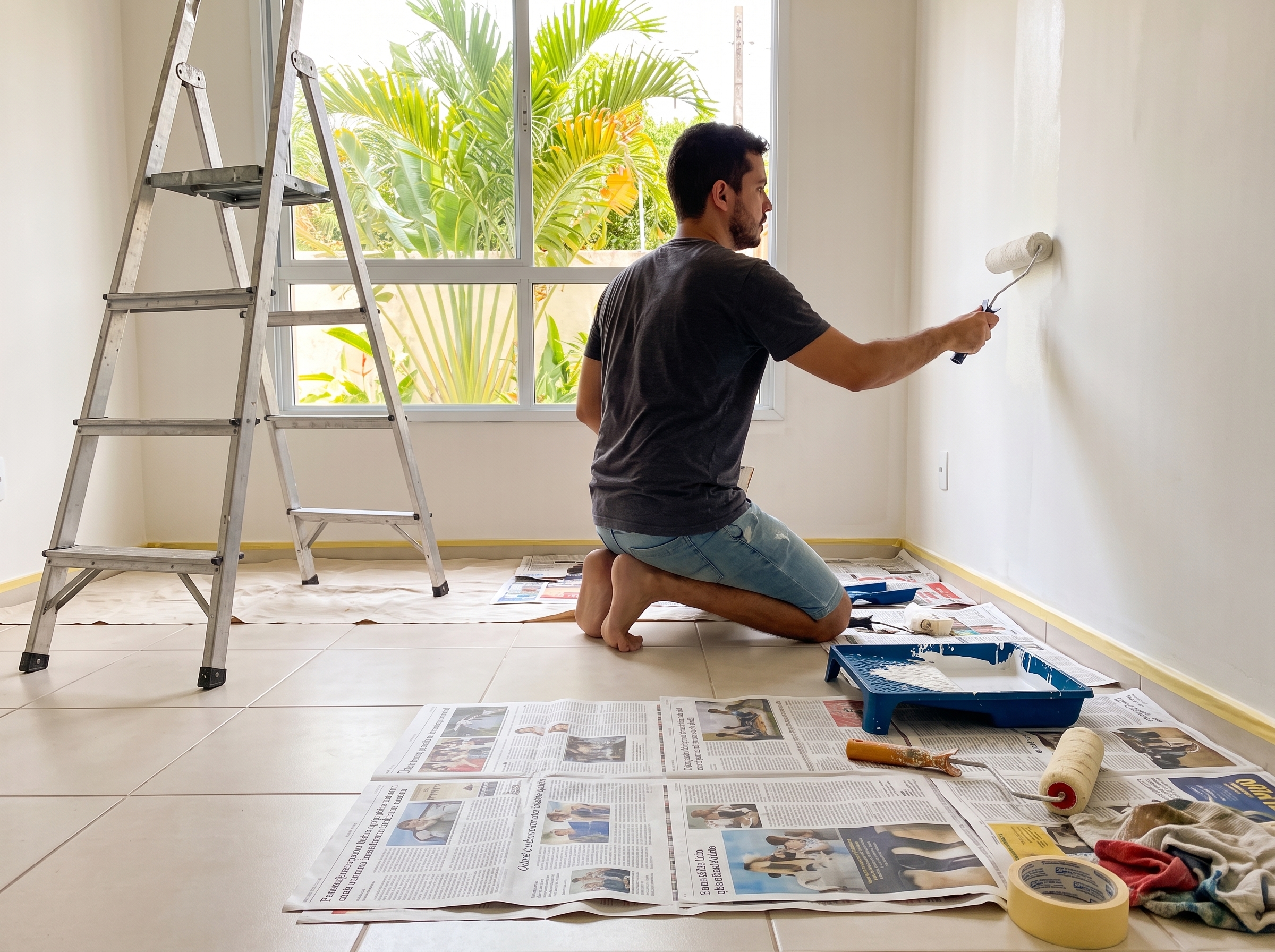 Homem jovem pintando parede interna com rolo e tinta para parede clara em casa, com materiais de pintura como bandeja e fita sobre jornais no chão, escada de alumínio ao lado e janela com vista para plantas tropicais.